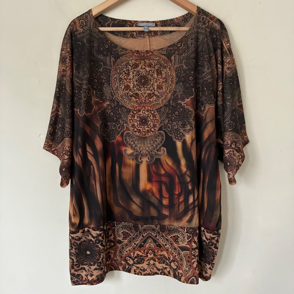 Essentials Paisley Y2K Top Brown Grunge Orange Black Plus 2X Boho Blouse